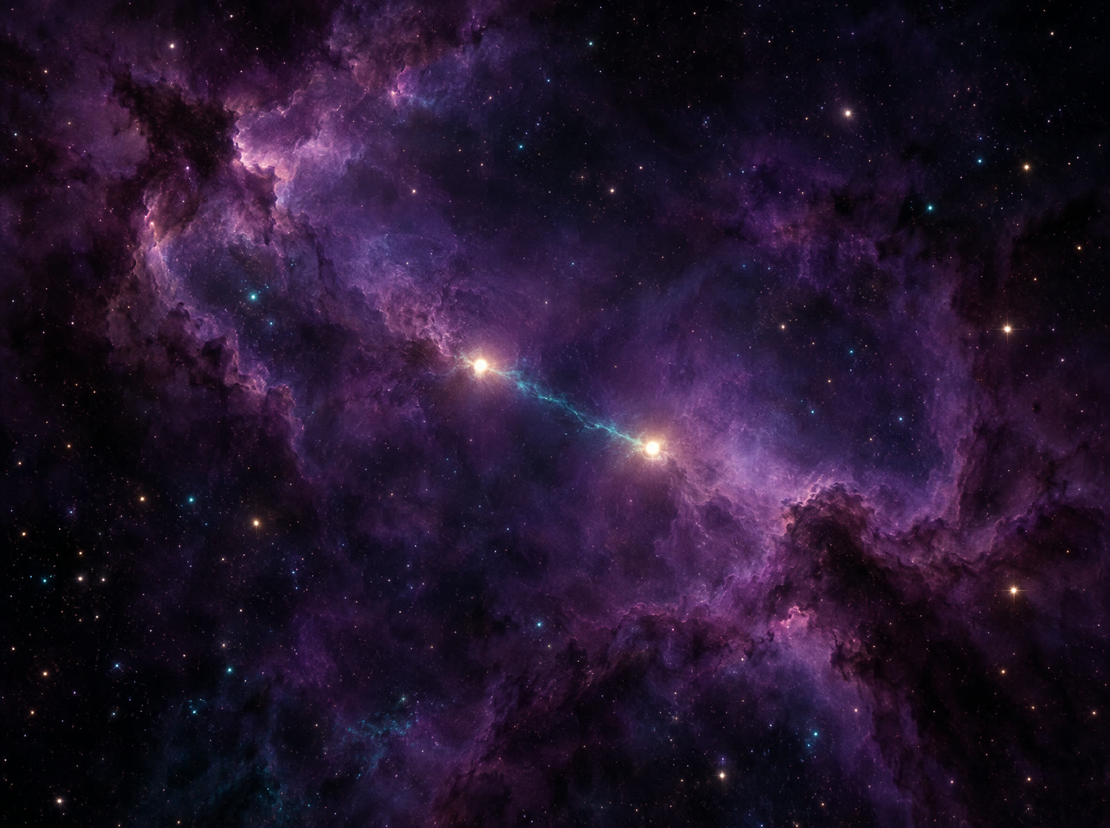 Two points of light in a violet nebula, joined by a thin thread of cyan light.