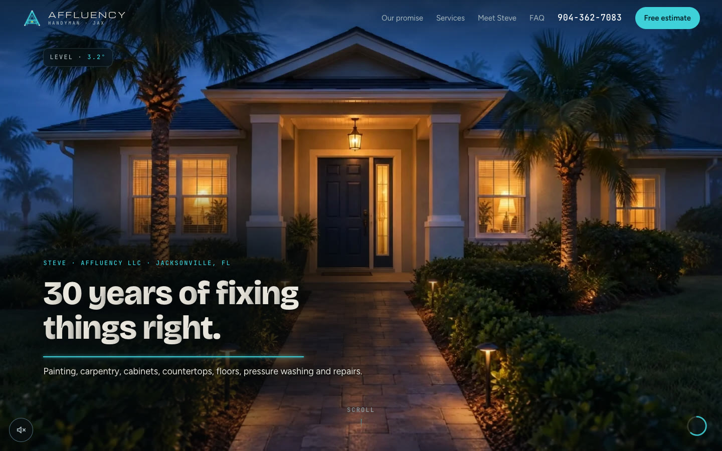 The homepage of Steve's handyman site: a lit front porch at dusk with the headline 30 years of fixing things right.